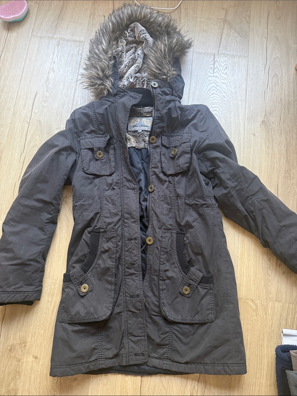 Steve Madden Charcoal Faux-Fur Hooded Trench Coat